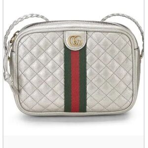 Gucci Silver Quilted Bag with Green and Red Stripe